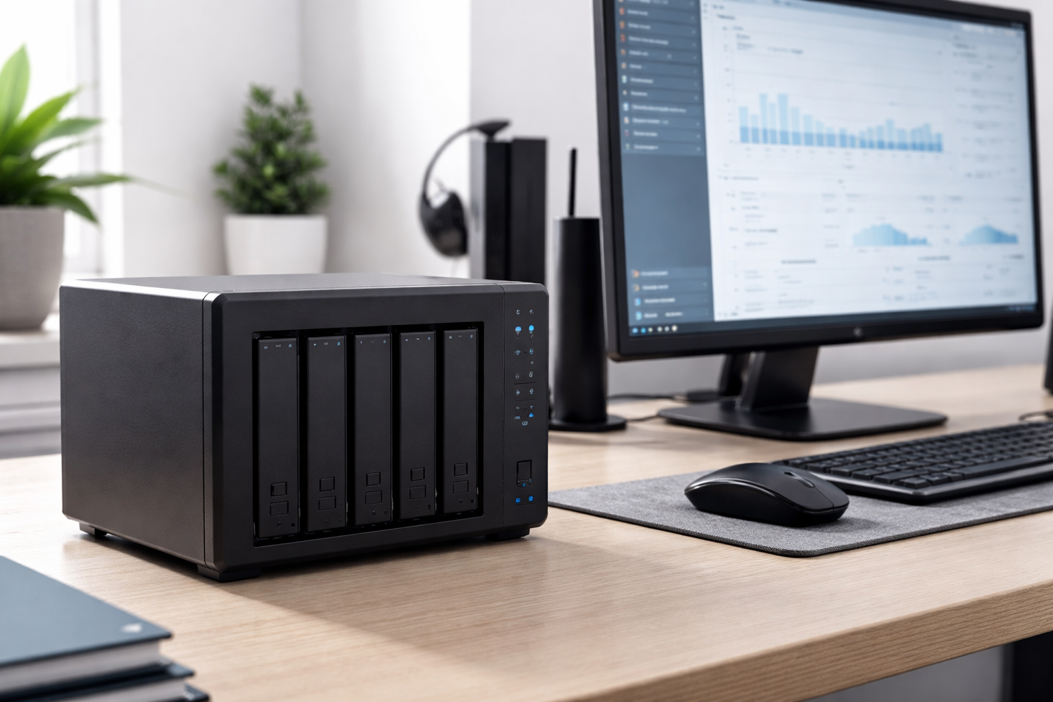 NAS-Gerät und Computer auf einem Schreibtisch