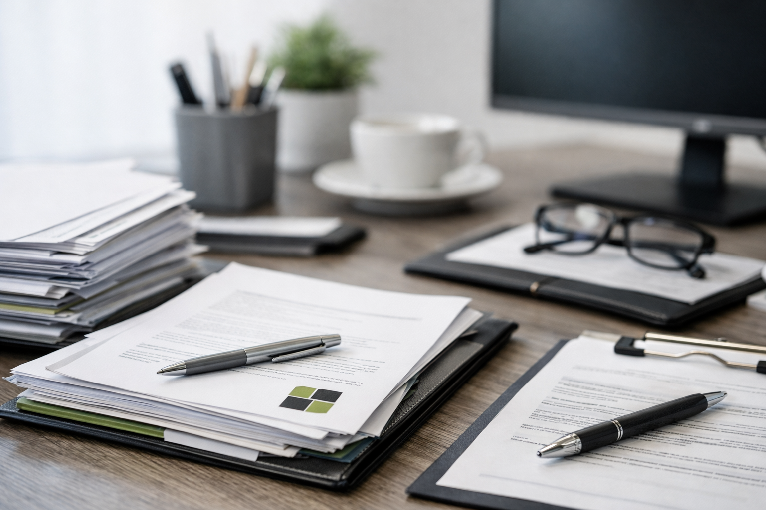 Dokumente und Unterlagen auf einem Schreibtisch mit kleinem Logo