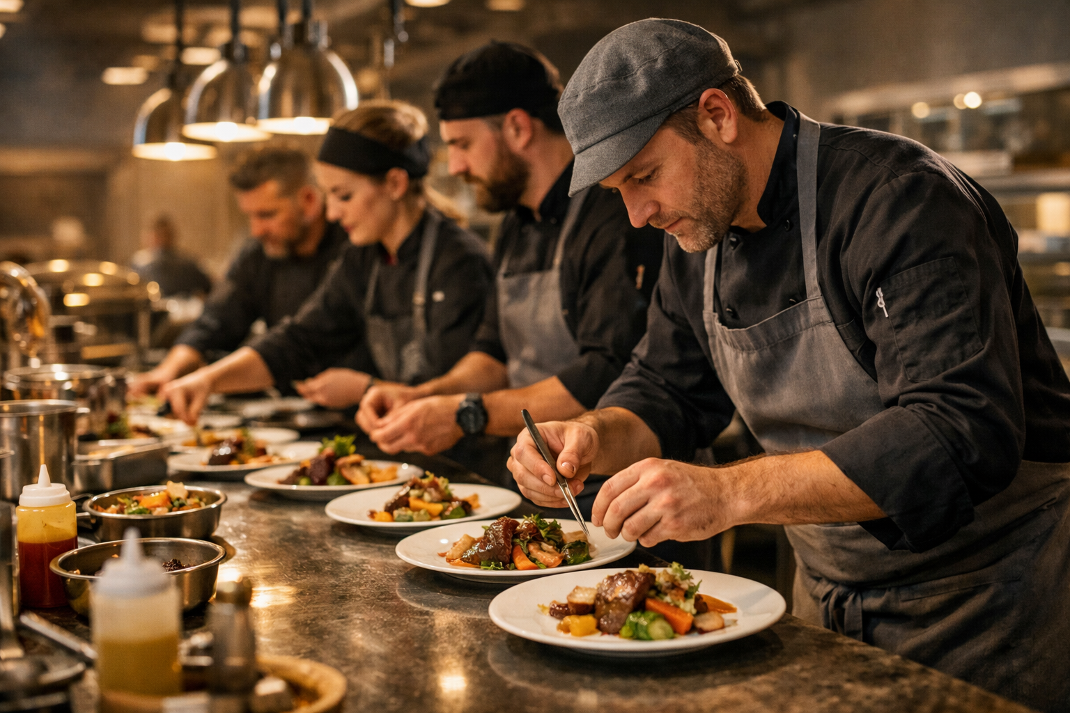 Professionelle Köche bereiten feine Gerichte bei einem Event zu